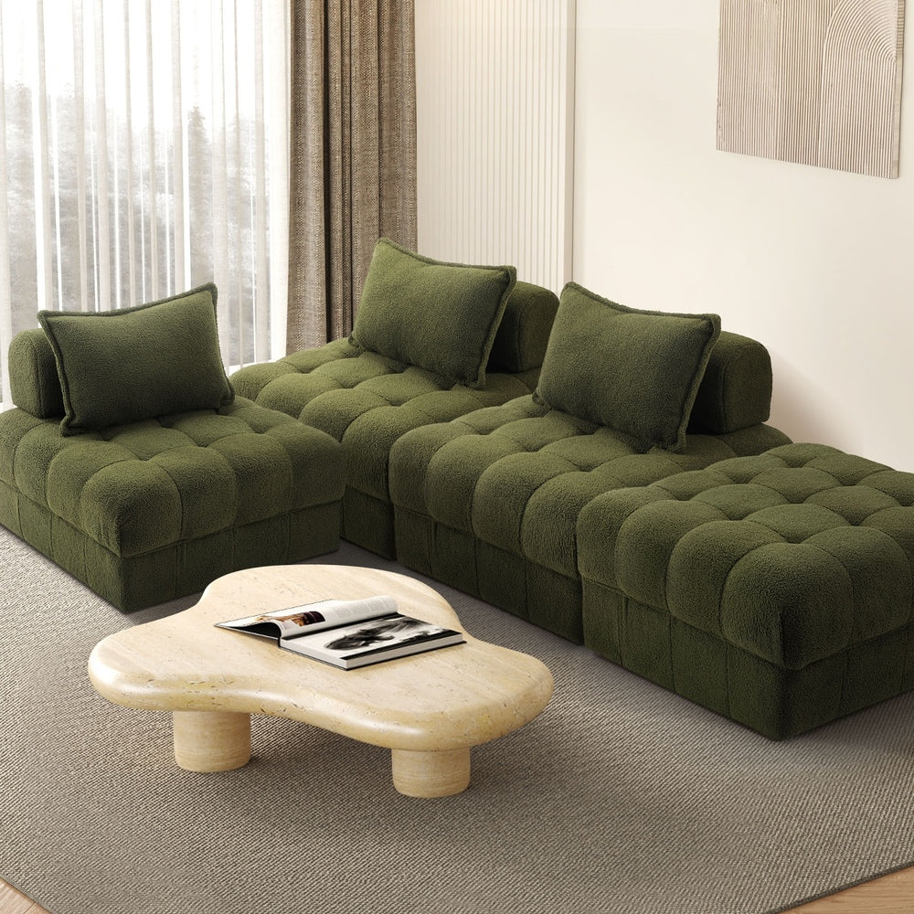 Oikiture 4 Seater Boucle Modular Sofa & Ottoman Set Green-Sofa-PEROZ Accessories