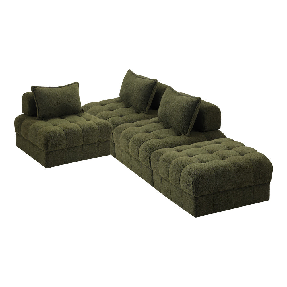 Oikiture 4 Seater Boucle Modular Sofa & Ottoman Set Green-Sofa-PEROZ Accessories