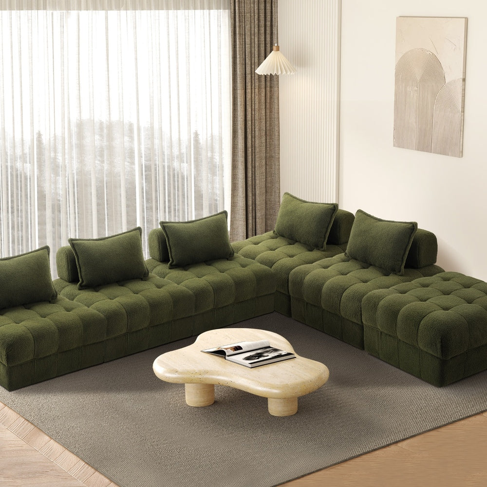 Oikiture 6 Seater Boucle Modular Sofa & Ottoman Set Green-Sofa-PEROZ Accessories