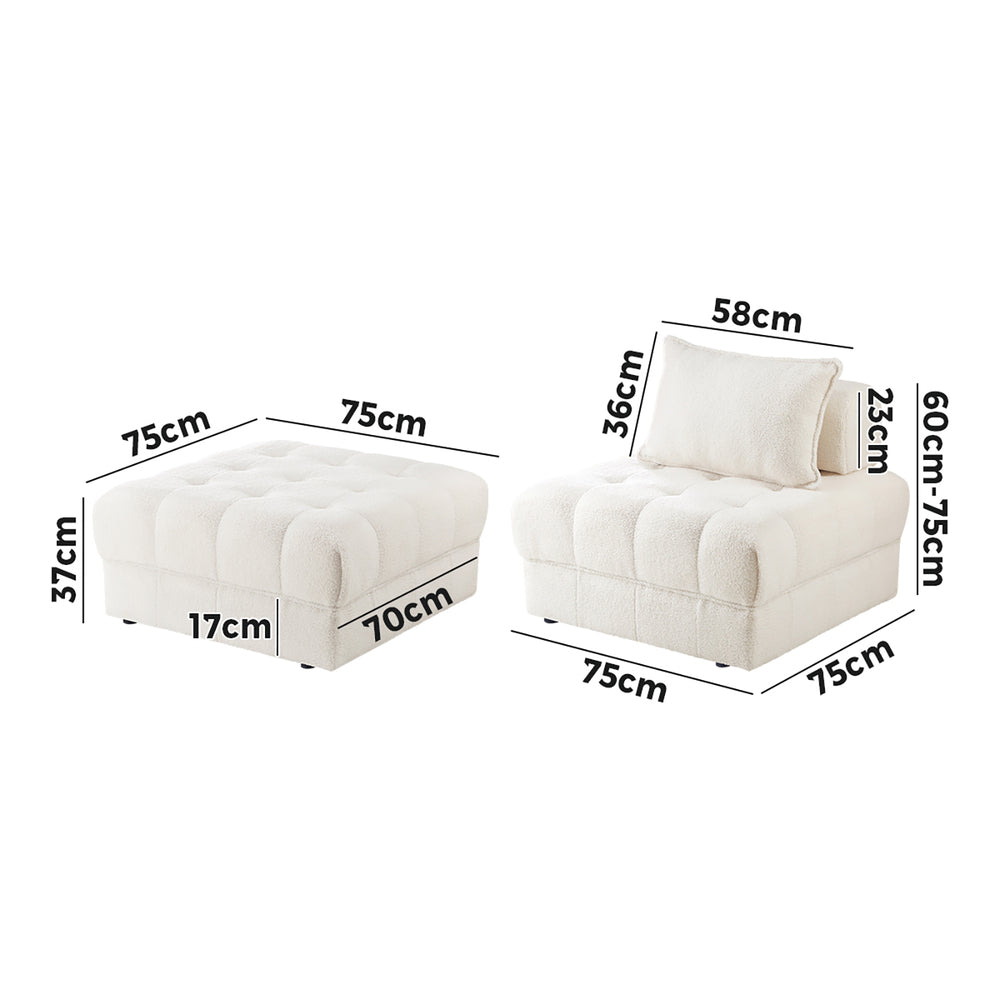 Oikiture 2 Seater Boucle Modular Sofa & Ottoman Set Armless White-Armchair-PEROZ Accessories