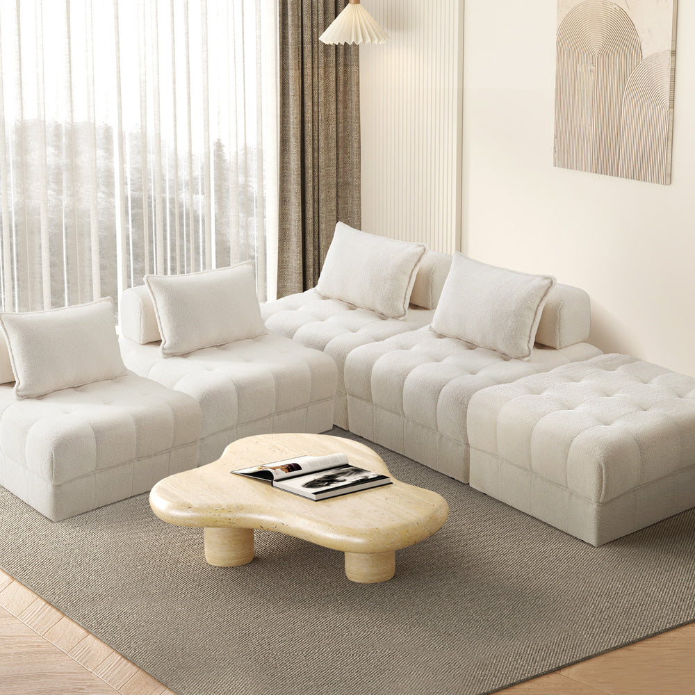 Oikiture 5 Seater Boucle Modular Sofa & Ottoman Set Armless White-Armchair-PEROZ Accessories
