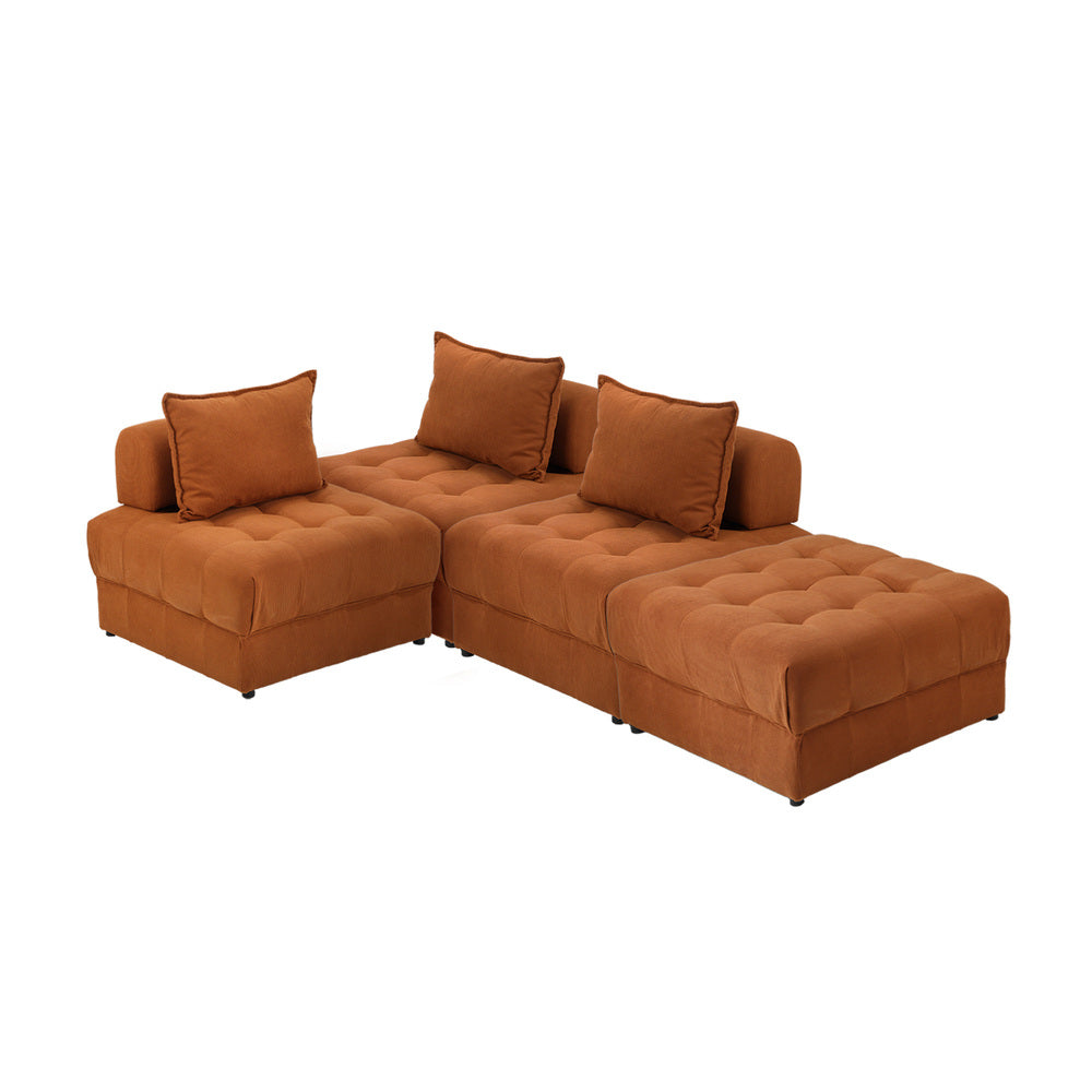 Oikiture 4 Seater Velvet Modular Sofa & Ottoman Set with Backrest Brown-Armchair-PEROZ Accessories