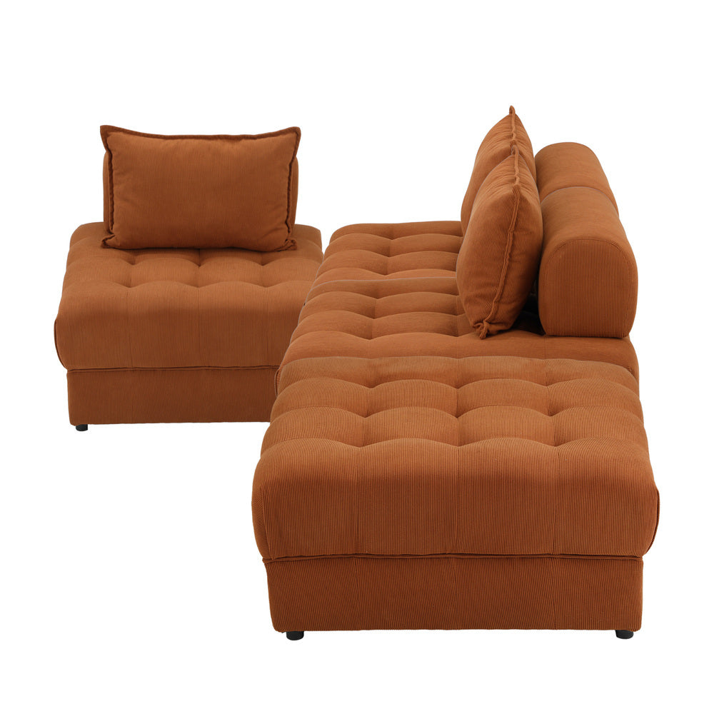 Oikiture 4 Seater Velvet Modular Sofa & Ottoman Set with Backrest Brown-Armchair-PEROZ Accessories