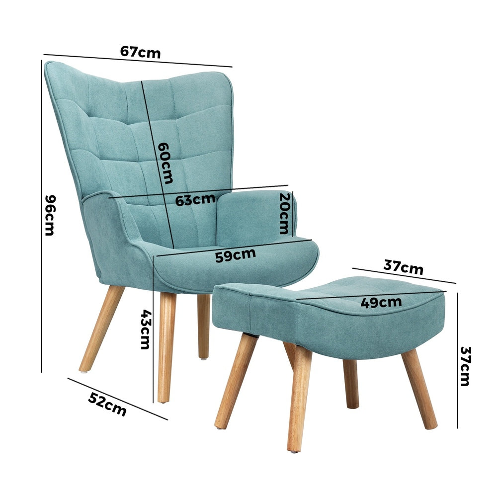 Oikiture 2x Armchair Lounge Chair Ottoman Fabric Sofa Blue-Armchair-PEROZ Accessories