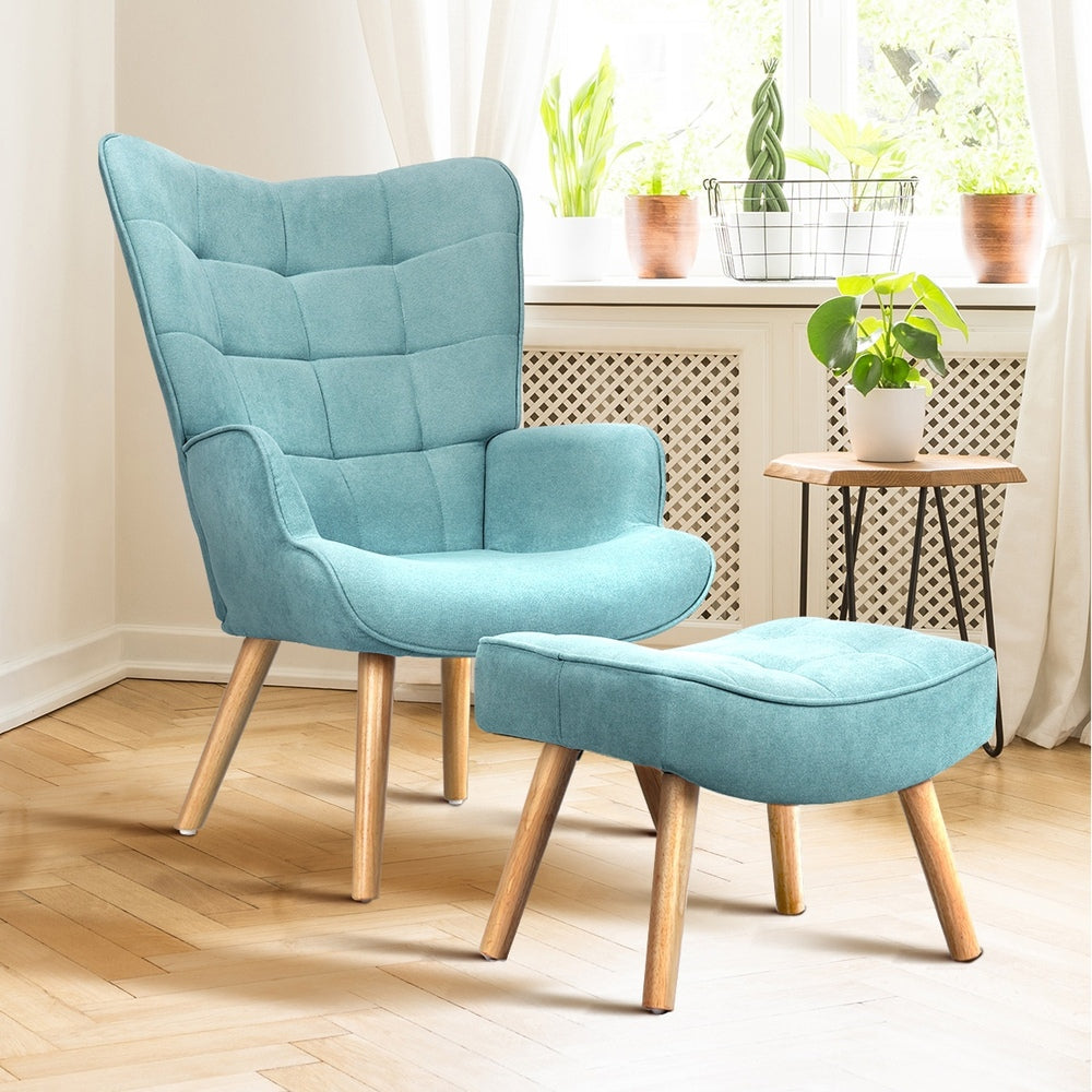 Oikiture 2x Armchair Lounge Chair Ottoman Fabric Sofa Blue-Armchair-PEROZ Accessories