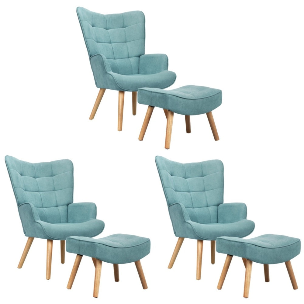 Oikiture 3x Armchair Lounge Chair Ottoman Fabric Sofa Blue-Armchair-PEROZ Accessories