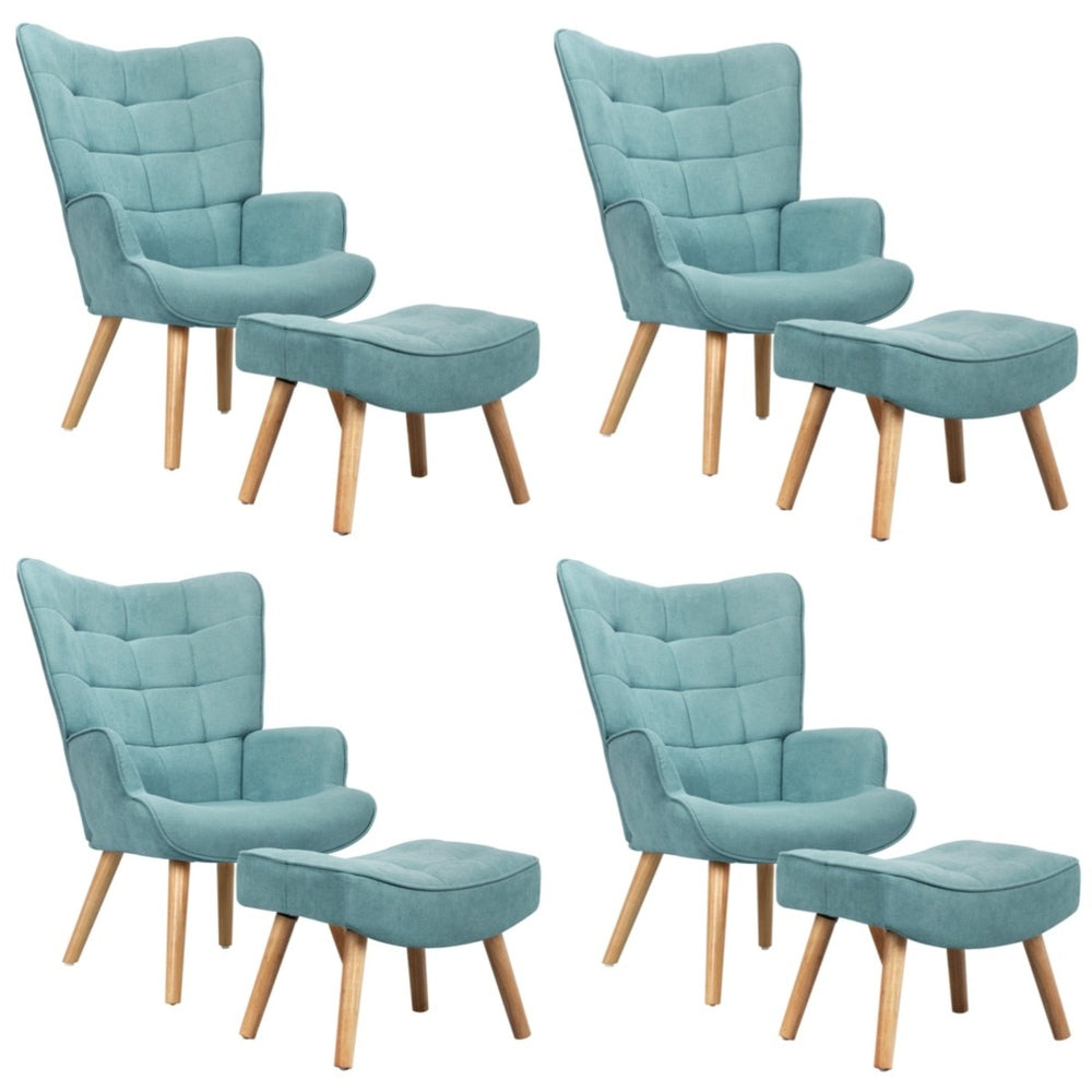 Oikiture 4x Armchair Lounge Chair Ottoman Fabric Sofa Blue-Armchair-PEROZ Accessories