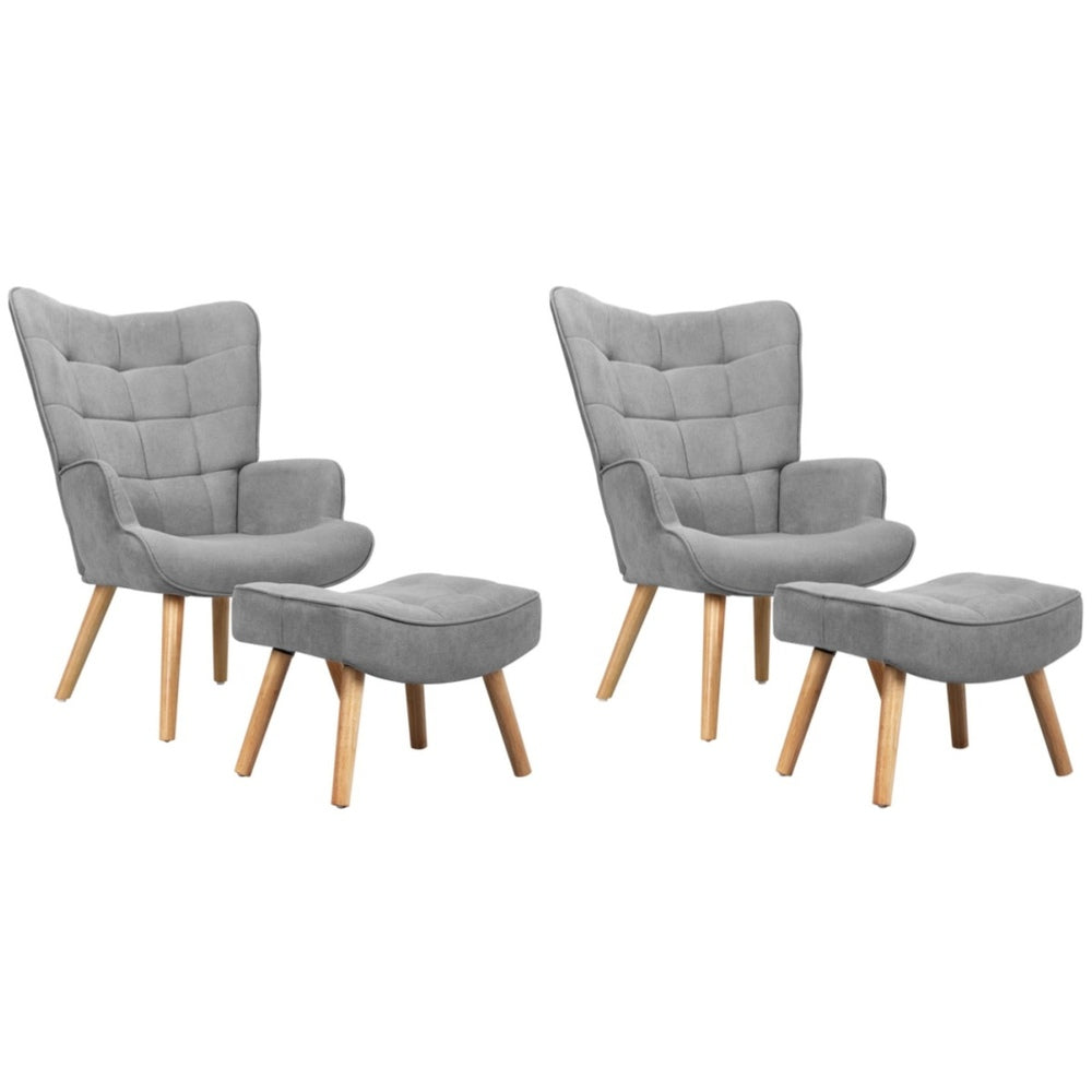 Oikiture 2x Armchair Lounge Chair Ottoman Fabric Sofa Grey-Armchair-PEROZ Accessories