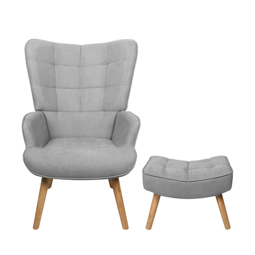 Oikiture 2x Armchair Lounge Chair Ottoman Fabric Sofa Grey-Armchair-PEROZ Accessories