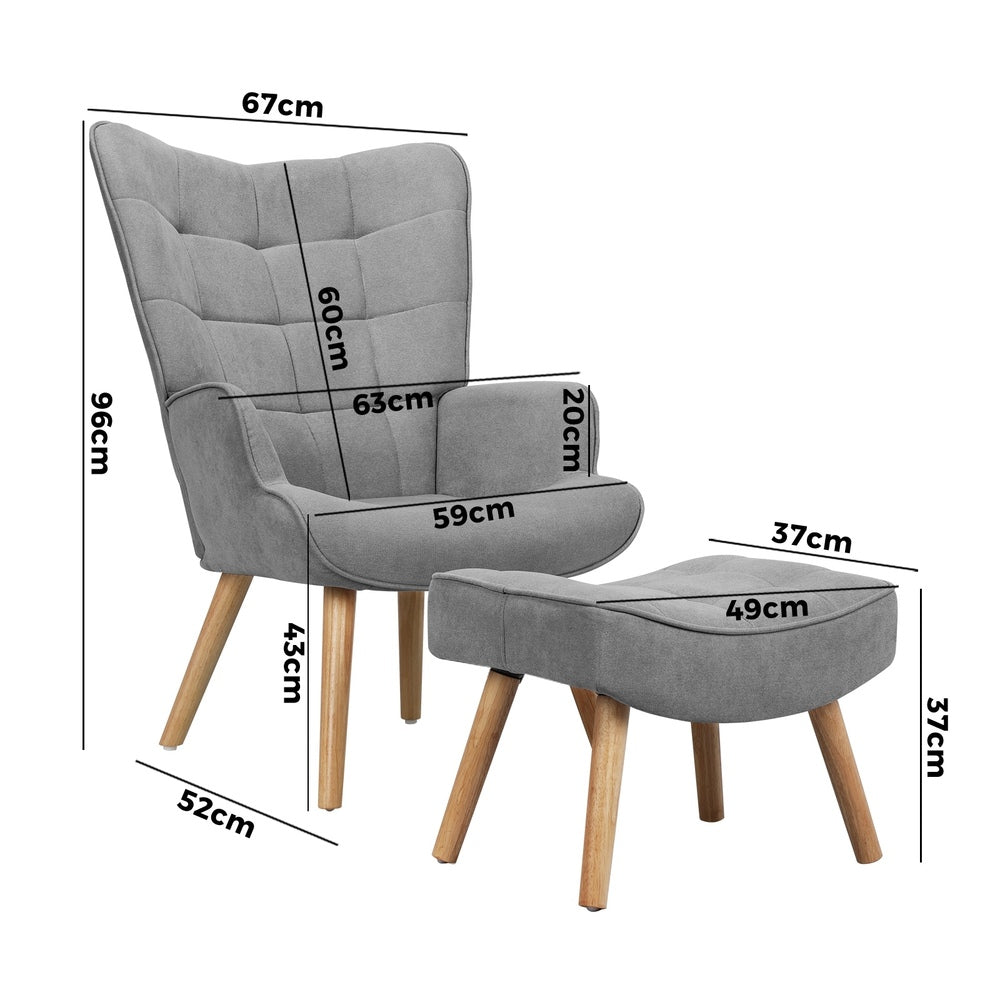 Oikiture 2x Armchair Lounge Chair Ottoman Fabric Sofa Grey-Armchair-PEROZ Accessories
