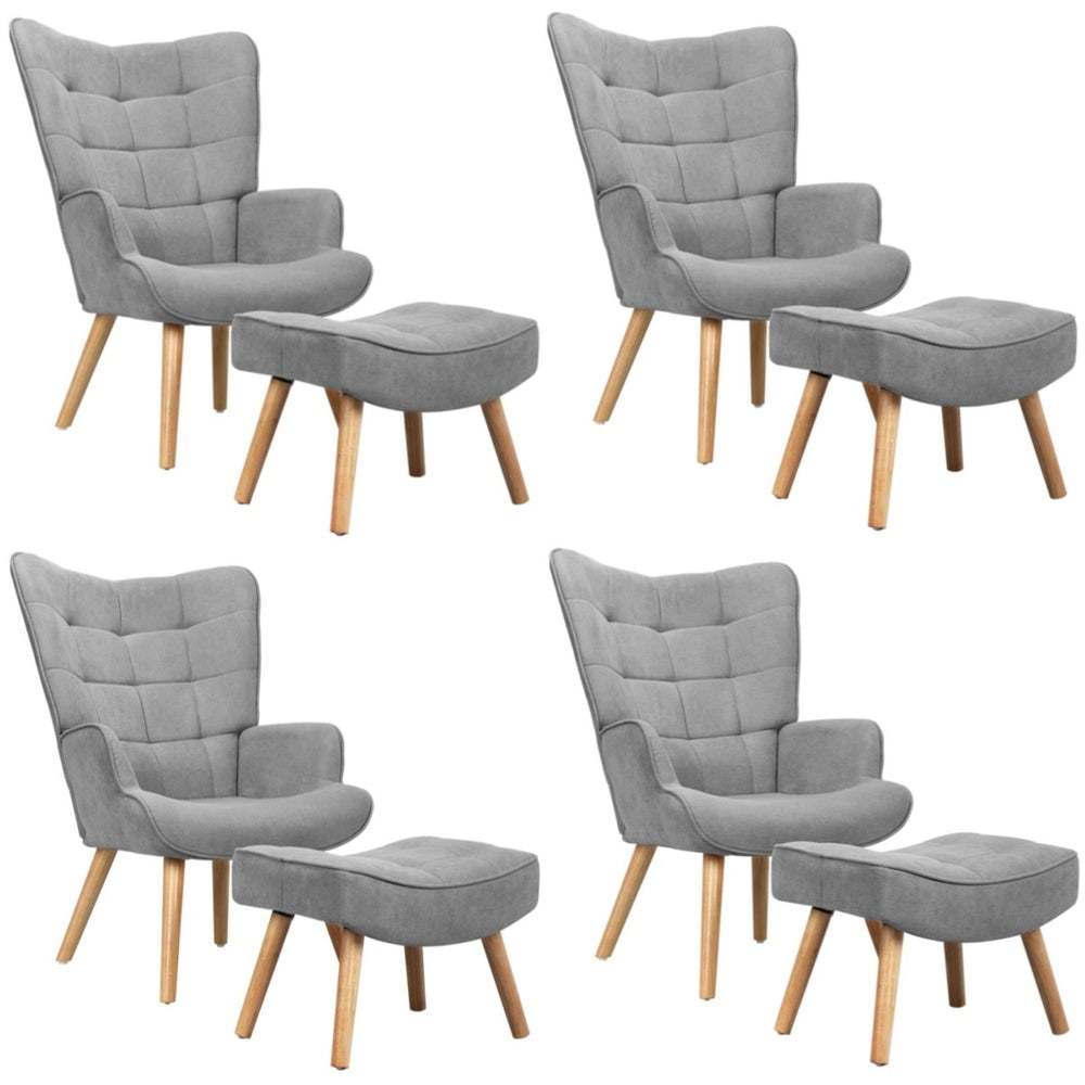 Oikiture 4x Armchair Lounge Chair Ottoman Fabric Sofa Grey-Armchair-PEROZ Accessories