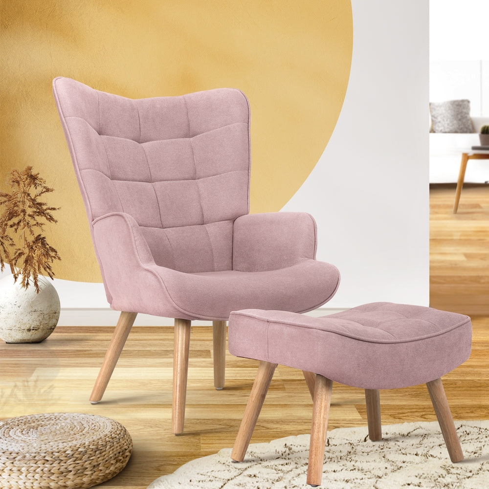 Oikiture Armchair Lounge Chair Ottoman Accent Armchairs Fabric Sofa Chairs Pink-Armchairs-PEROZ Accessories
