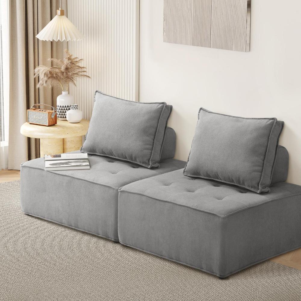 Oikiture 2PCS Modular Sofa Lounge Chair Armless Adjustable Back Linen Grey-Armchairs-PEROZ Accessories