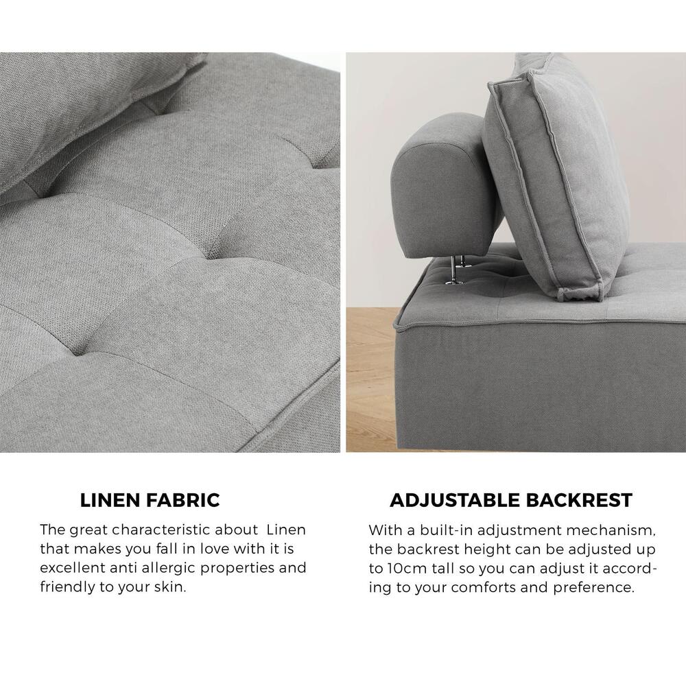 Oikiture 3PCS Modular Sofa Lounge Chair Armless Adjustable Back Linen Grey-Armchairs-PEROZ Accessories