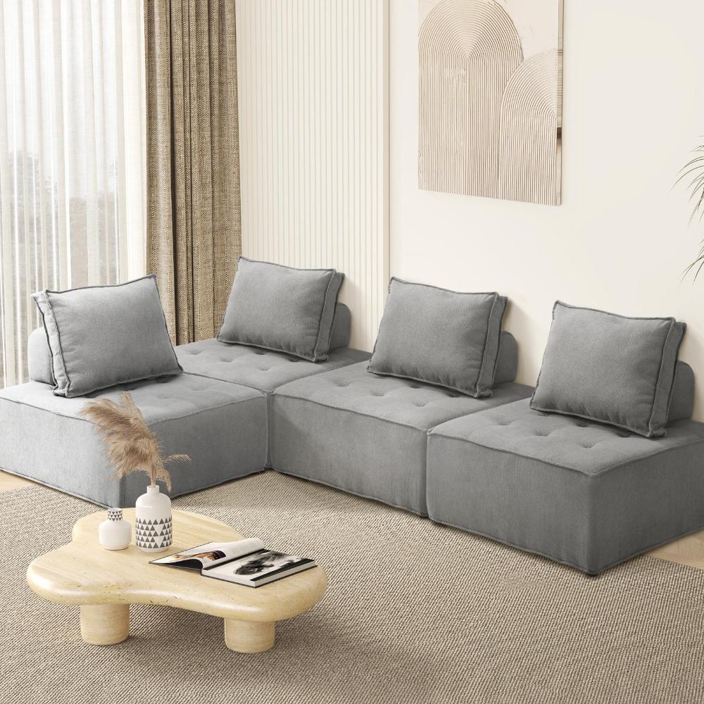 Oikiture 4PCS Modular Sofa Lounge Chair Armless Adjustable Back Linen Grey-Armchairs-PEROZ Accessories
