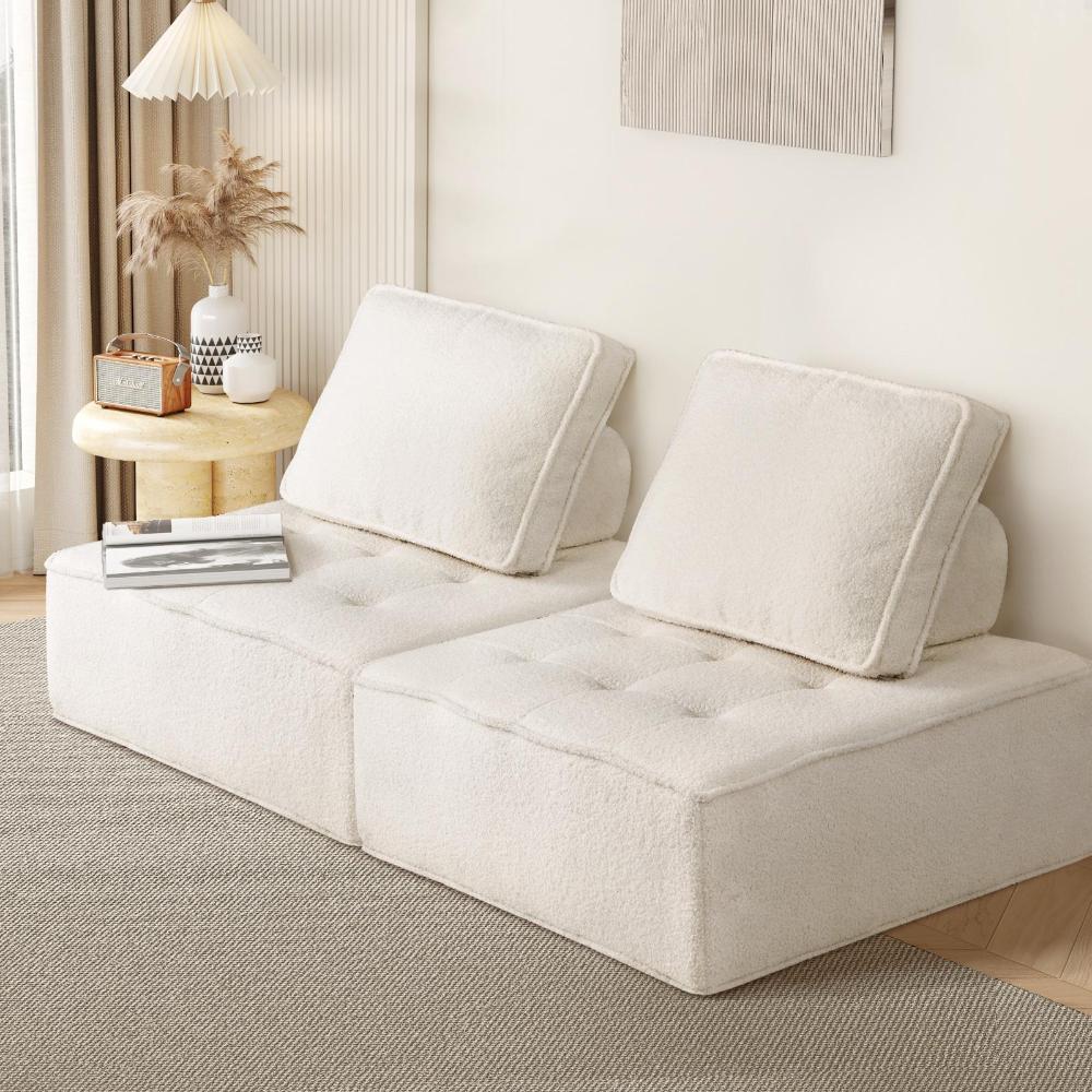 Oikiture 2PCS Modular Sofa Lounge Chair Armless Adjustable Back Sherpa White-Armchairs-PEROZ Accessories