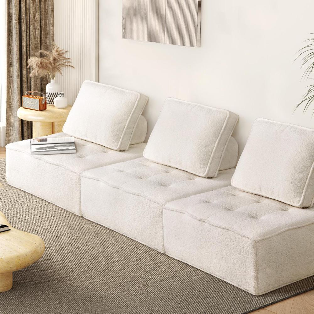 Oikiture 3PCS Modular Sofa Lounge Chair Armless Adjustable Back Sherpa White-Armchairs-PEROZ Accessories