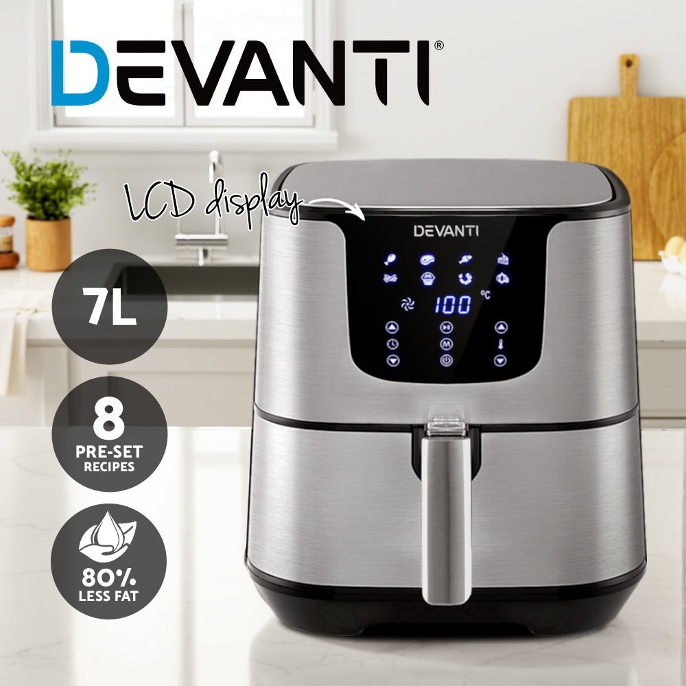 Devanti Air Fryer 7L LCD Fryers Stainless Steel-Air Fryers-PEROZ Accessories