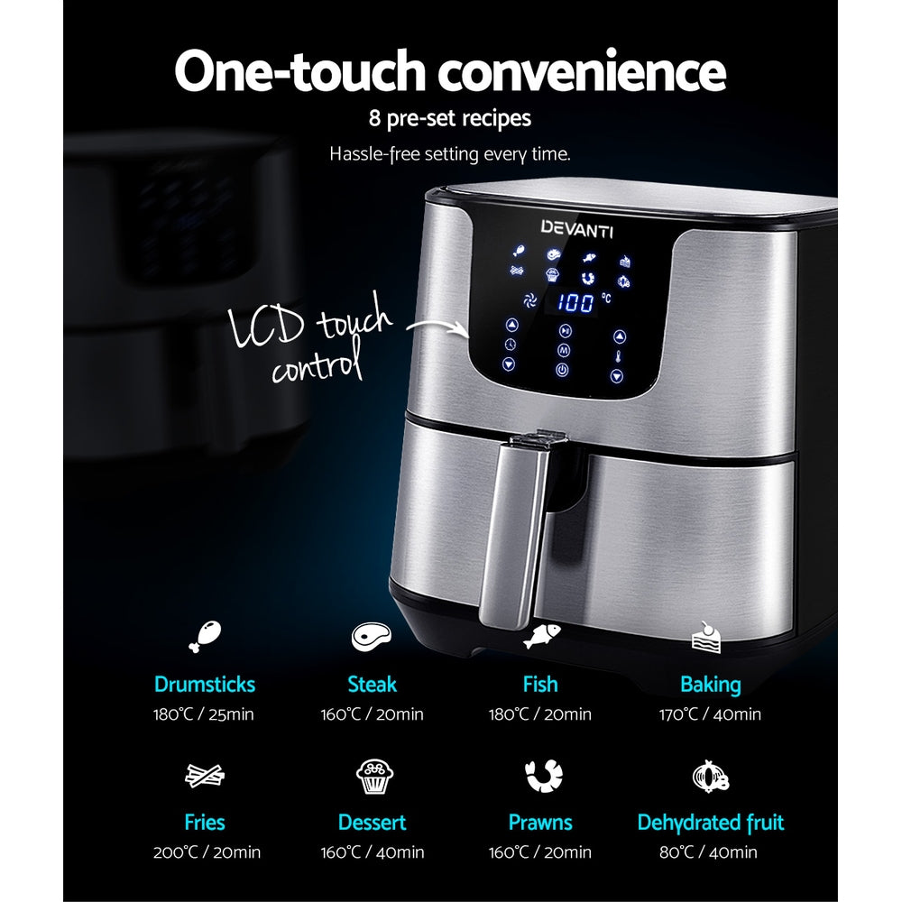 Devanti Air Fryer 7L LCD Fryers Stainless Steel-Air Fryers-PEROZ Accessories