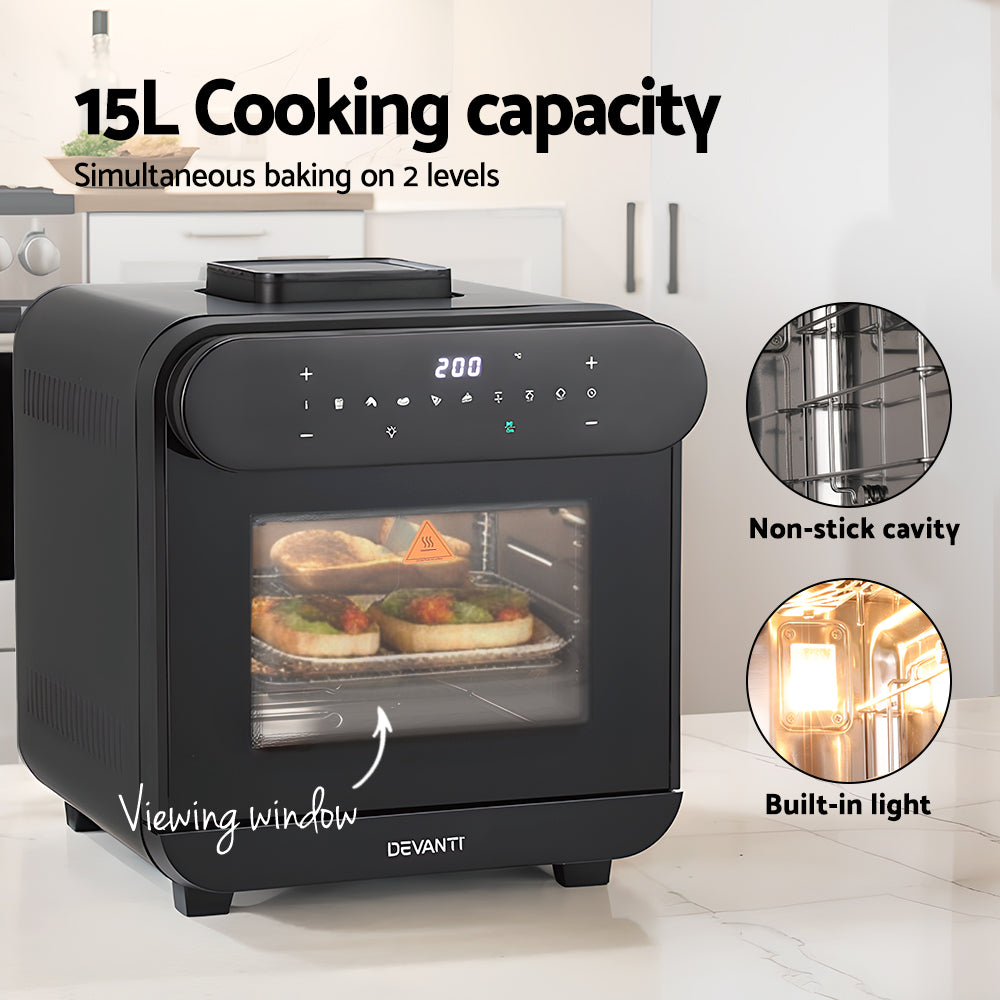 Devanti Steam Air Fryer Oven 15L W/ LCD Touch 1600W-Appliances > Kitchen Appliances-PEROZ Accessories