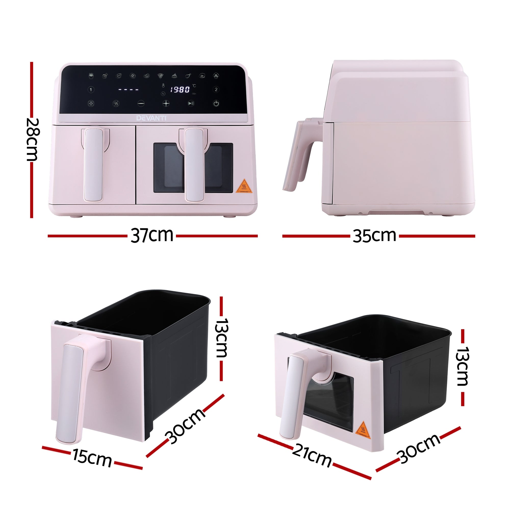 Devanti Air Fryer 9L Dual Zone Fryers 2600W Pink-Appliances > Kitchen Appliances > Air Fryers-PEROZ Accessories
