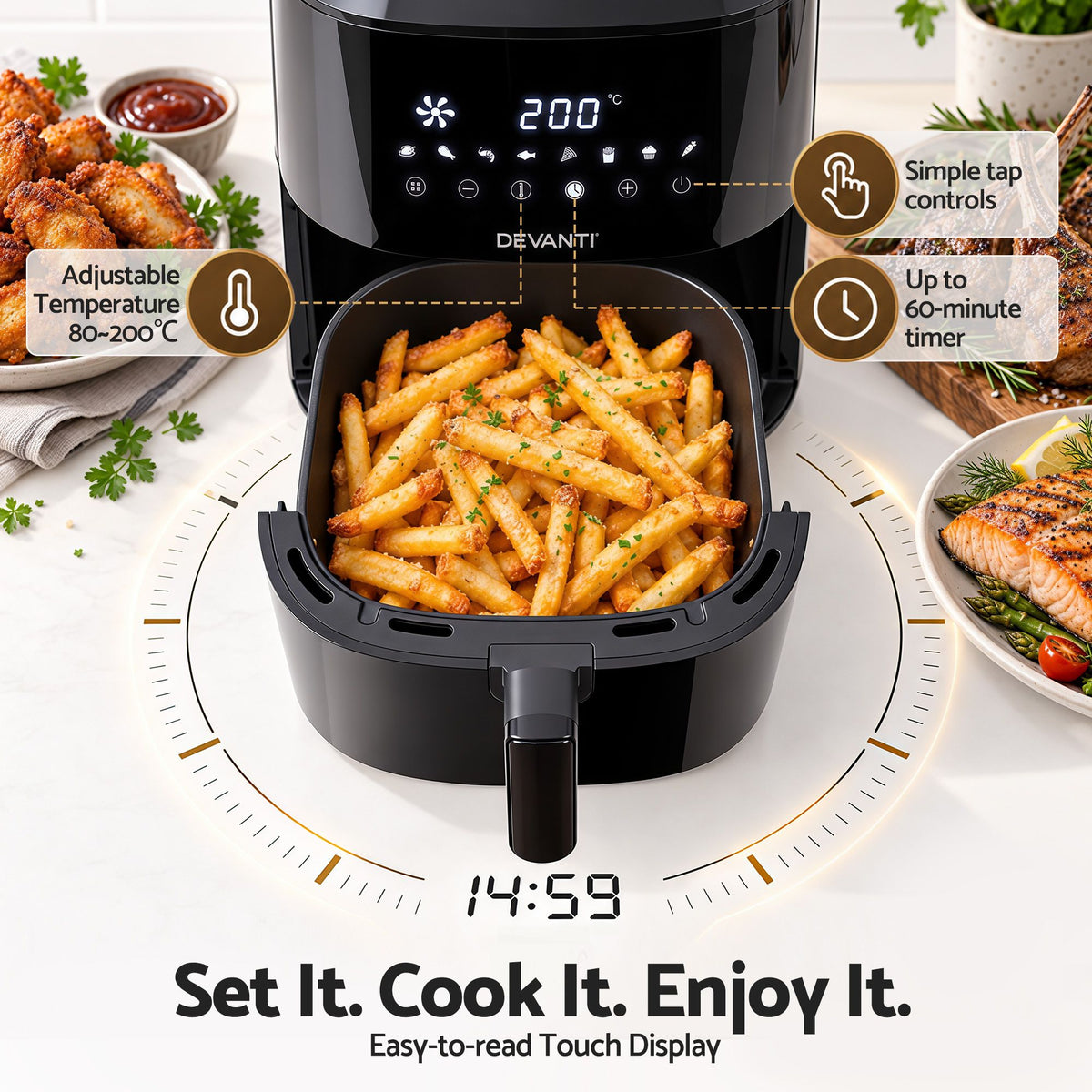 Devanti Air Fryer 6.5L 1700W Digital Touch 8 Presets Non-Stick Basket Black-Appliances > Kitchen Appliances > Air Fryers-PEROZ Accessories