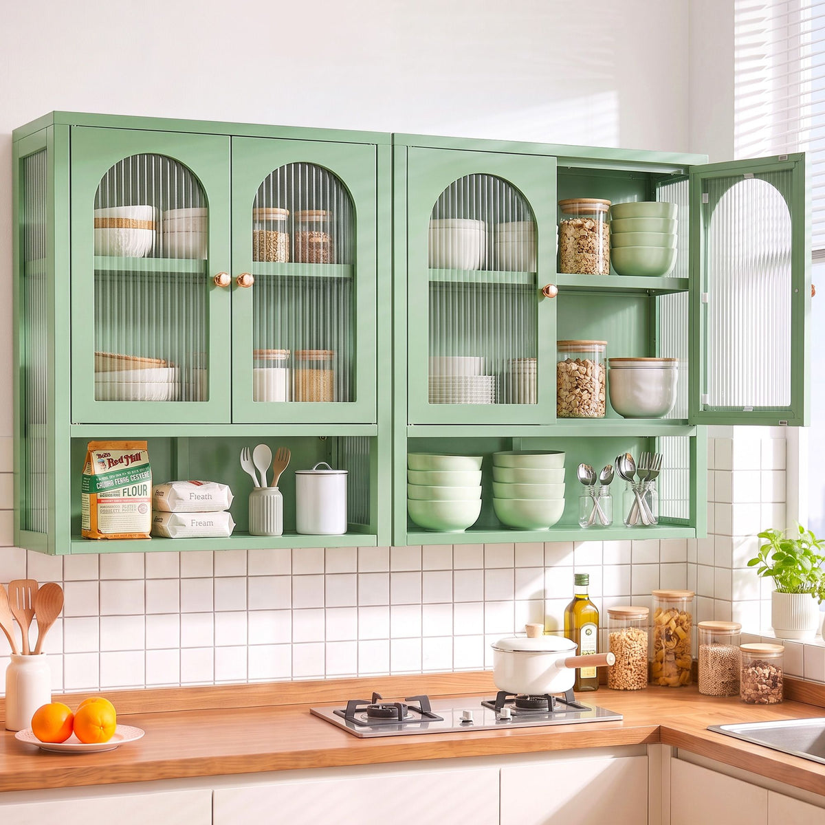 Artiss Buffet Cabinet Sideboards X2 Wall Mounted Fluted Display Storage Green-Furniture > Dining > Buffets & Sideboards-PEROZ Accessories