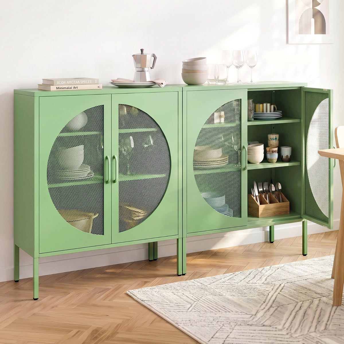 Artiss 2x Buffet Sideboard Cabinet ELSA Cupboard Storage Mesh Doors Metal Green-Furniture > Dining > Buffets & Sideboards-PEROZ Accessories