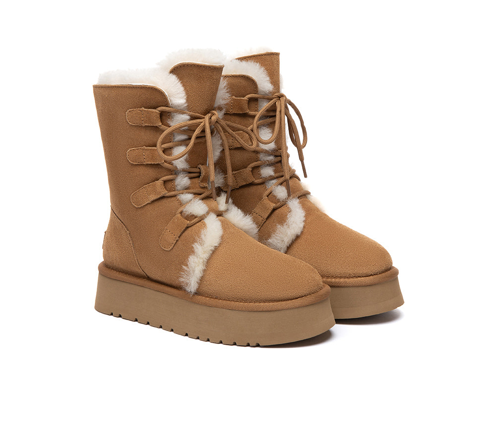 AUSTRALIAN SHEPHERD UGG Boots Sheepskin Wool Lace Up Platform Short Brunor-UGG Boots-PEROZ Accessories