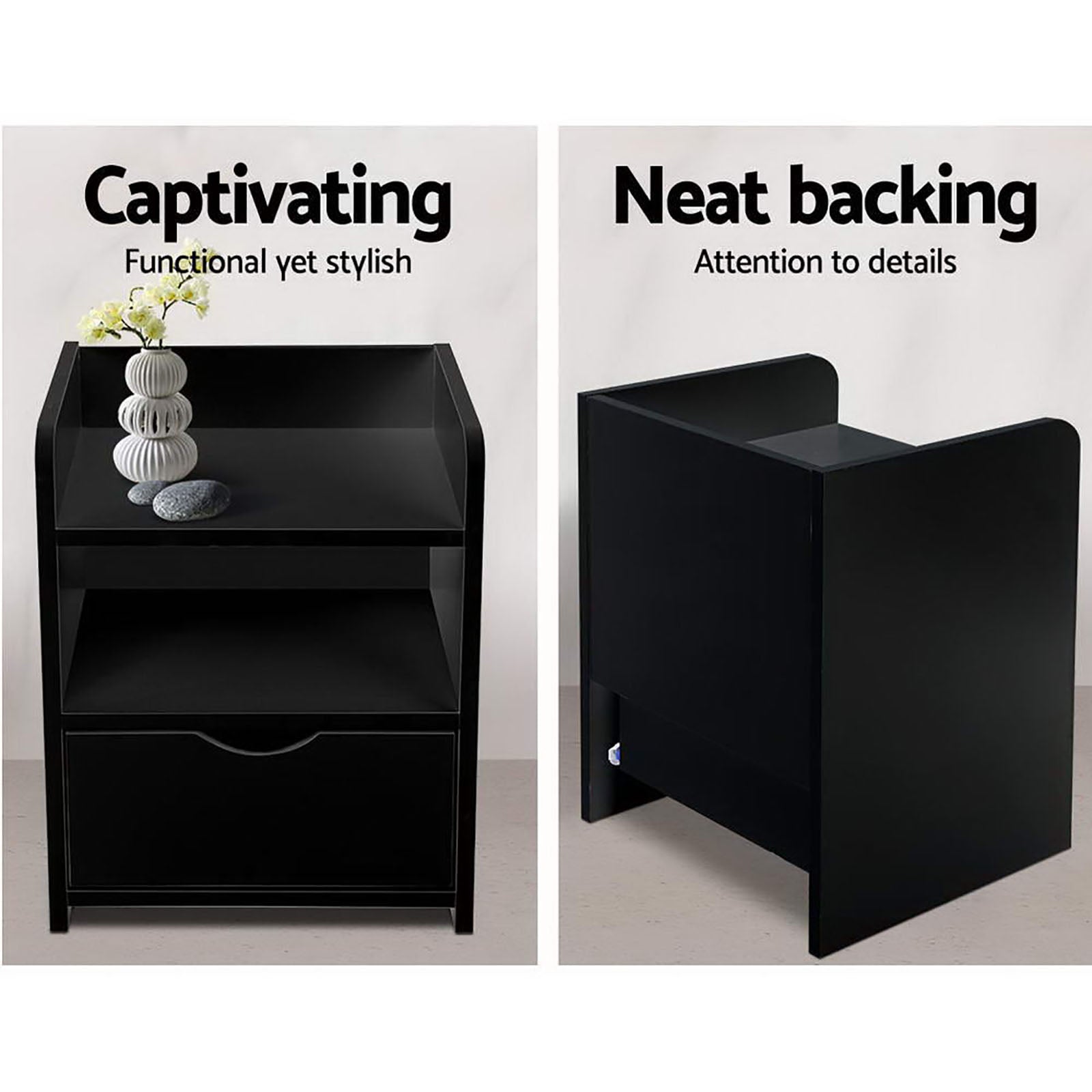 Artiss 2X Bedside Table 1 Drawer with Shelf - FARA Black-Furniture > Bedroom > Bedside Tables-PEROZ Accessories