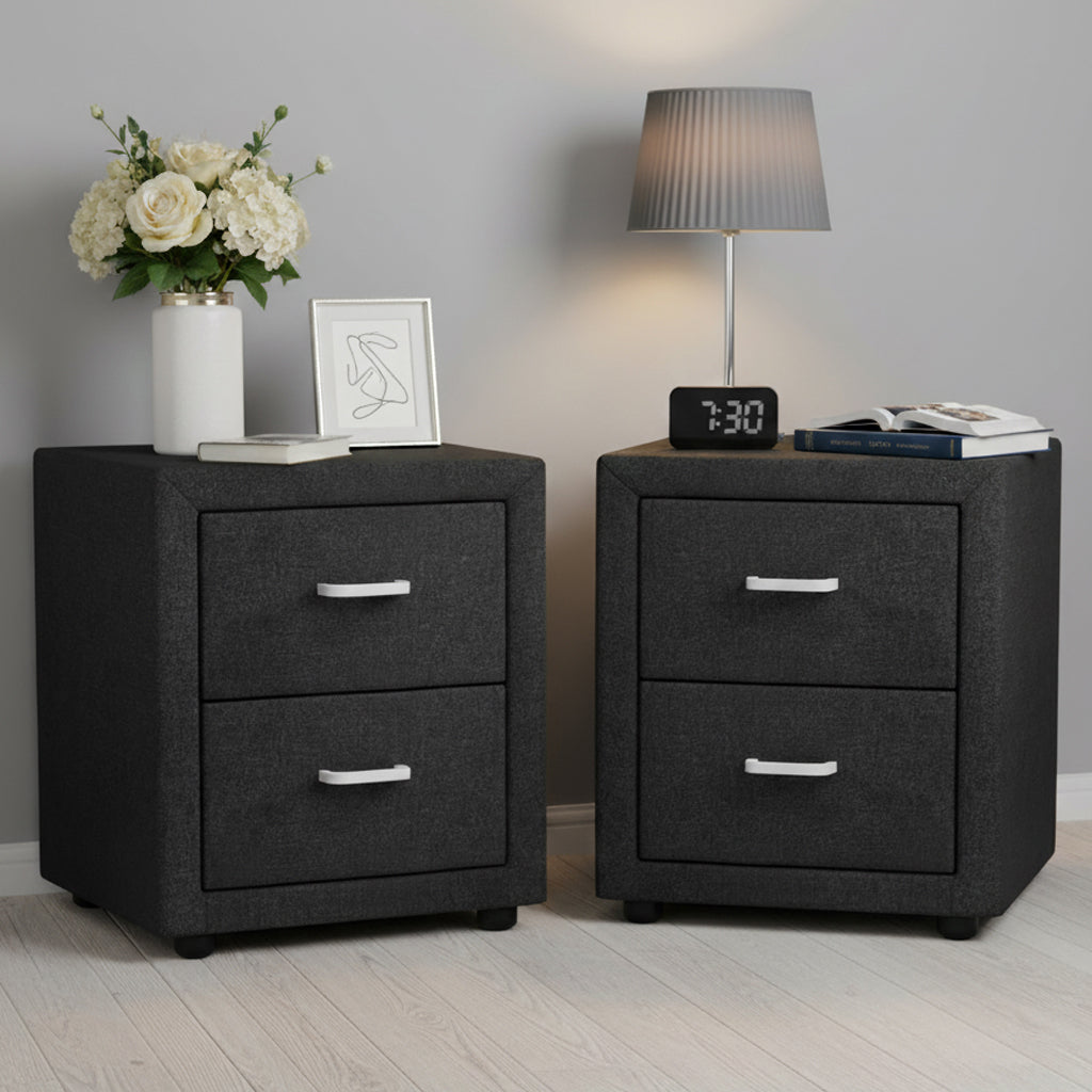 Artiss 2X Bedside Table 2 Drawers Fabric - CADEN Charcoal-Furniture > Bedroom > Bedside Tables-PEROZ Accessories