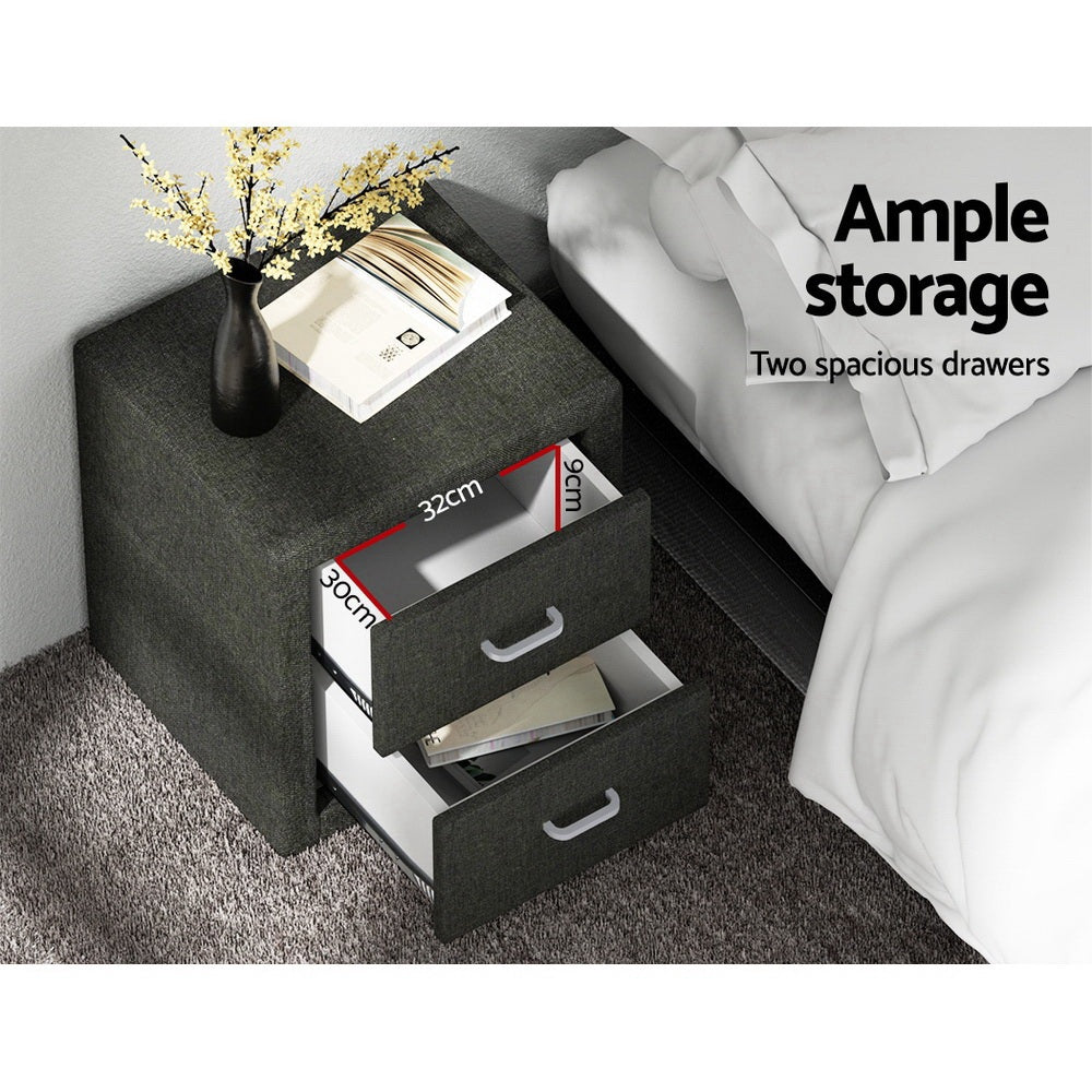 Artiss 2X Bedside Table 2 Drawers Fabric - CADEN Charcoal-Furniture > Bedroom > Bedside Tables-PEROZ Accessories