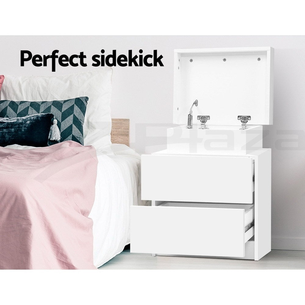 Artiss 2X Bedside Table 2 Drawers Lift-up Storage White-Furniture > Bedroom > Bedside Tables-PEROZ Accessories