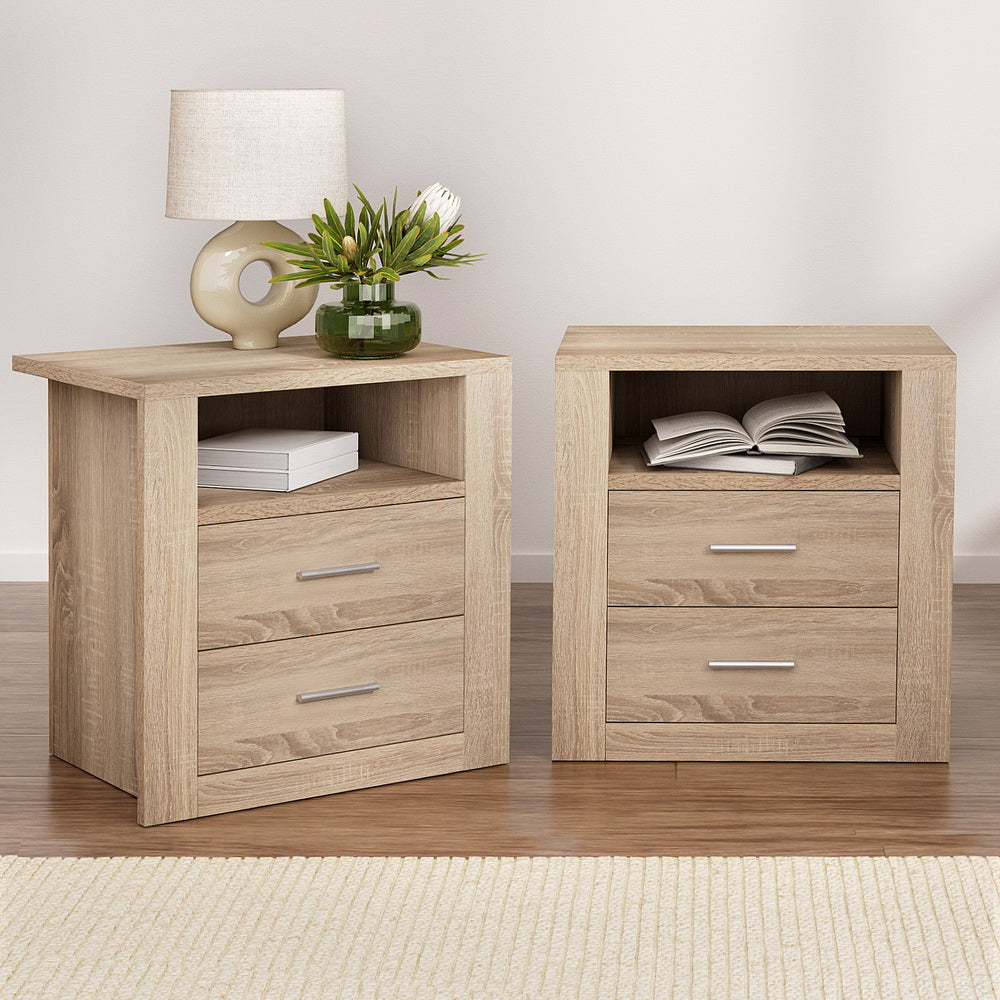 Artiss 2X Bedside Table 2 Drawers with Shelf - TARA Oak-Furniture > Bedroom > Bedside Tables-PEROZ Accessories