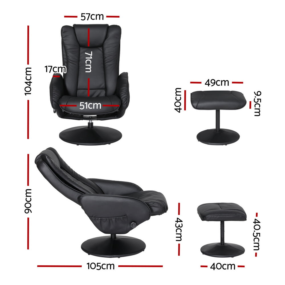 Artiss 2X Recliner Chair Ottoman Heated Massage Black-Furniture > Bar Stools & Chairs > Arm Chairs & Recliners-PEROZ Accessories