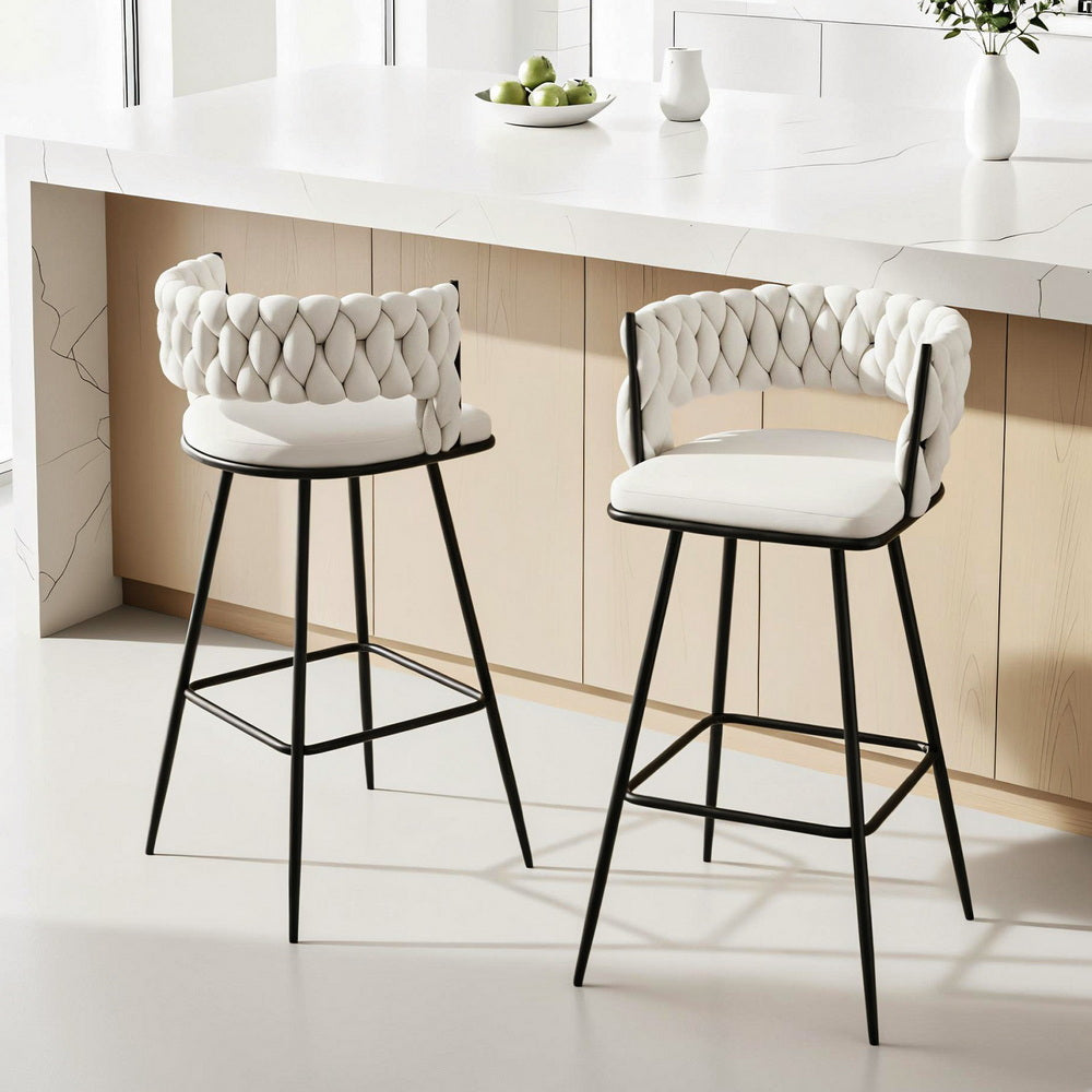 Artiss 2x Bar Stools Kitchen Dining Chair Counter Stool Woven Velvet Metal Ivory-Furniture > Bar Stools & Chairs > Table & Bar Stools-PEROZ Accessories