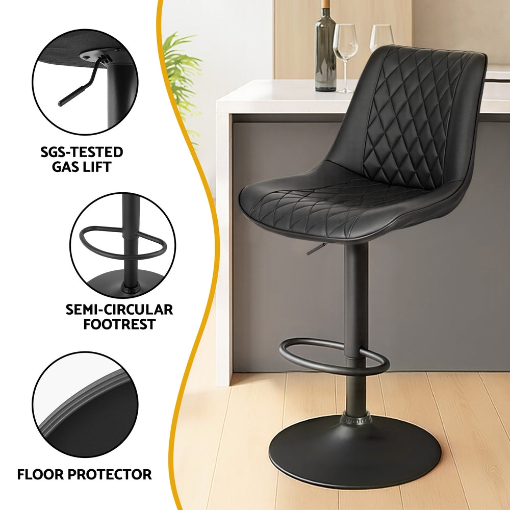 Artiss 2x Bar Stools Kitchen Swivel Gas Lift Counter Chair Diamond Leather Black-Furniture > Bar Stools & Chairs > Table & Bar Stools-PEROZ Accessories