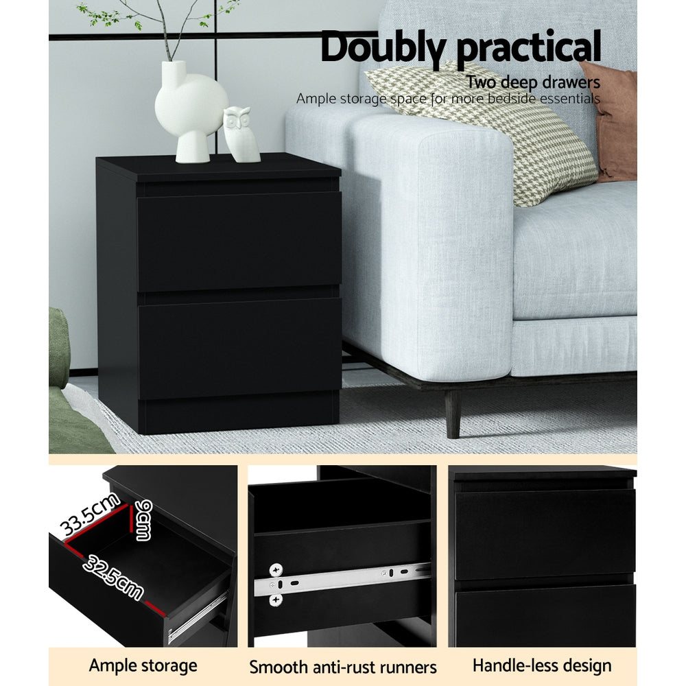 Artiss 2x Bedside Table 2 Drawers - PEPE Black-Furniture > Bedroom > Bedside Tables-PEROZ Accessories
