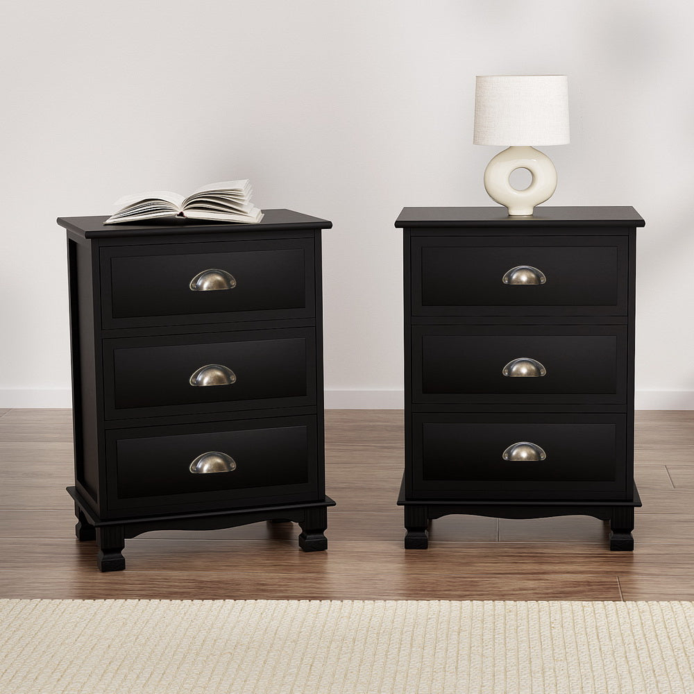 Artiss 2x Bedside Table 3 Drawers Vintage - THYME Black-Furniture > Bedroom > Bedside Tables-PEROZ Accessories