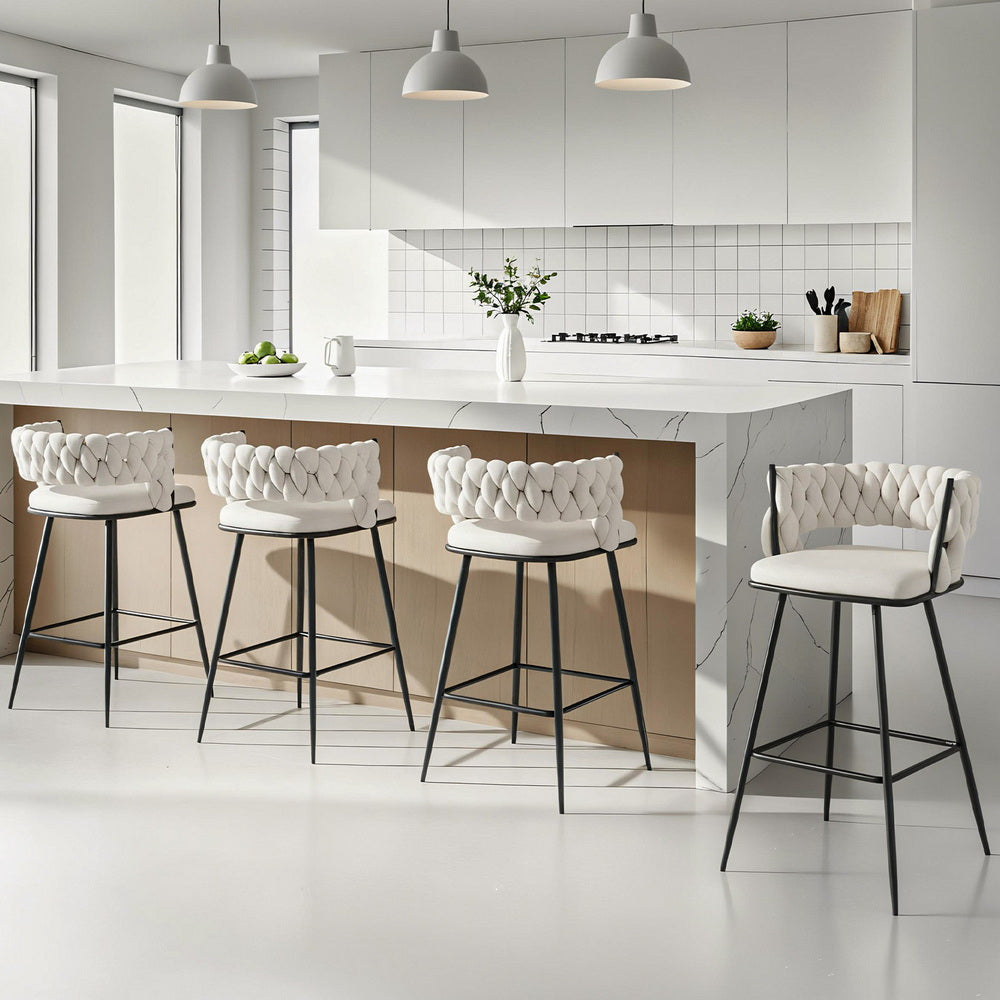 Artiss 4x Bar Stools Kitchen Dining Chair Counter Stool Woven Velvet Metal Ivory-Furniture > Bar Stools & Chairs > Table & Bar Stools-PEROZ Accessories
