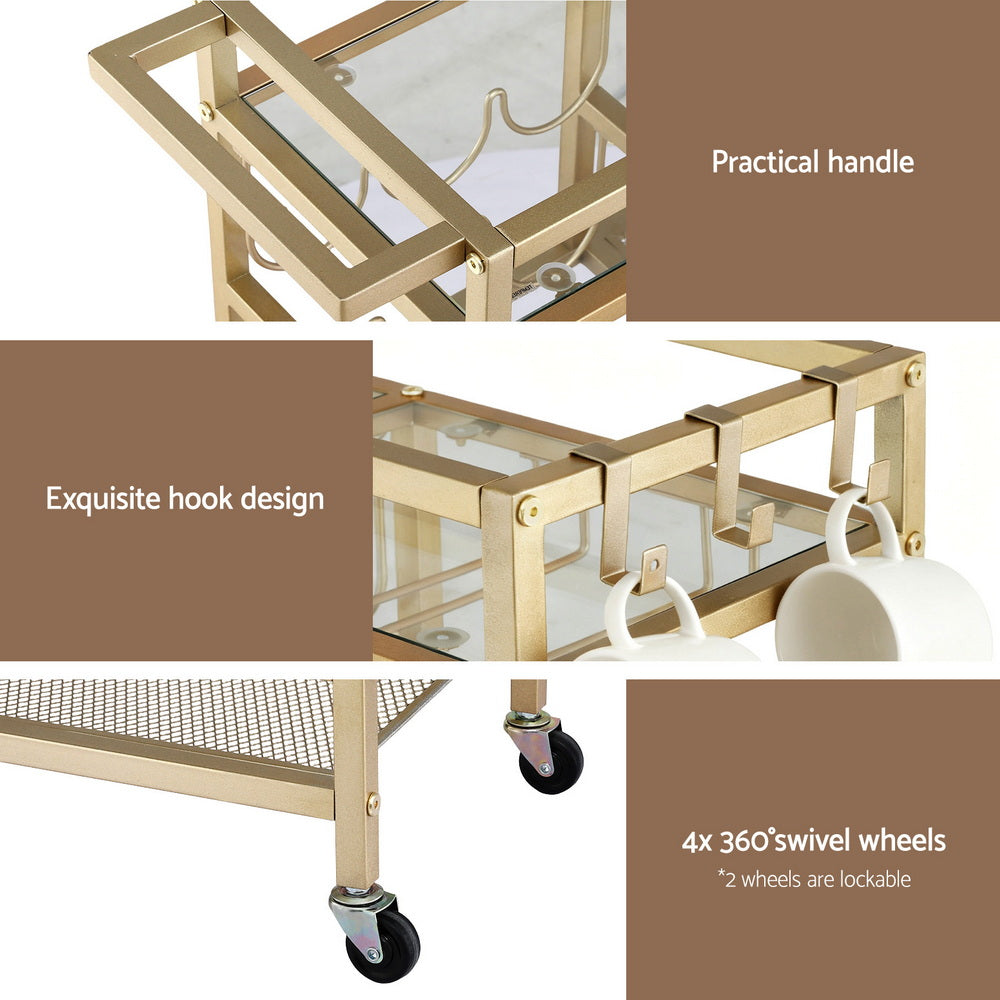 Artiss Bar Cart Drinks Trolley Serving Wine Rack Glass Holder 3 Hooks 72cm Gold-Furniture > Dining > Kitchen & Dining Trolleys-PEROZ Accessories