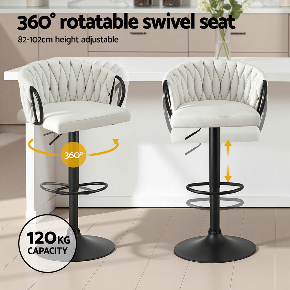 Artiss Bar Stool x2 Kitchen Dining Chair Counter Gaslift Woven Velvet Ivory-Furniture > Bar Stools & Chairs > Table & Bar Stools-PEROZ Accessories