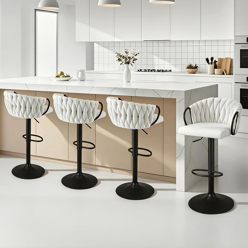 Artiss Bar Stool x4 Kitchen Dining Chair Counter Gaslift Woven Velvet Ivory-Furniture > Bar Stools & Chairs > Table & Bar Stools-PEROZ Accessories