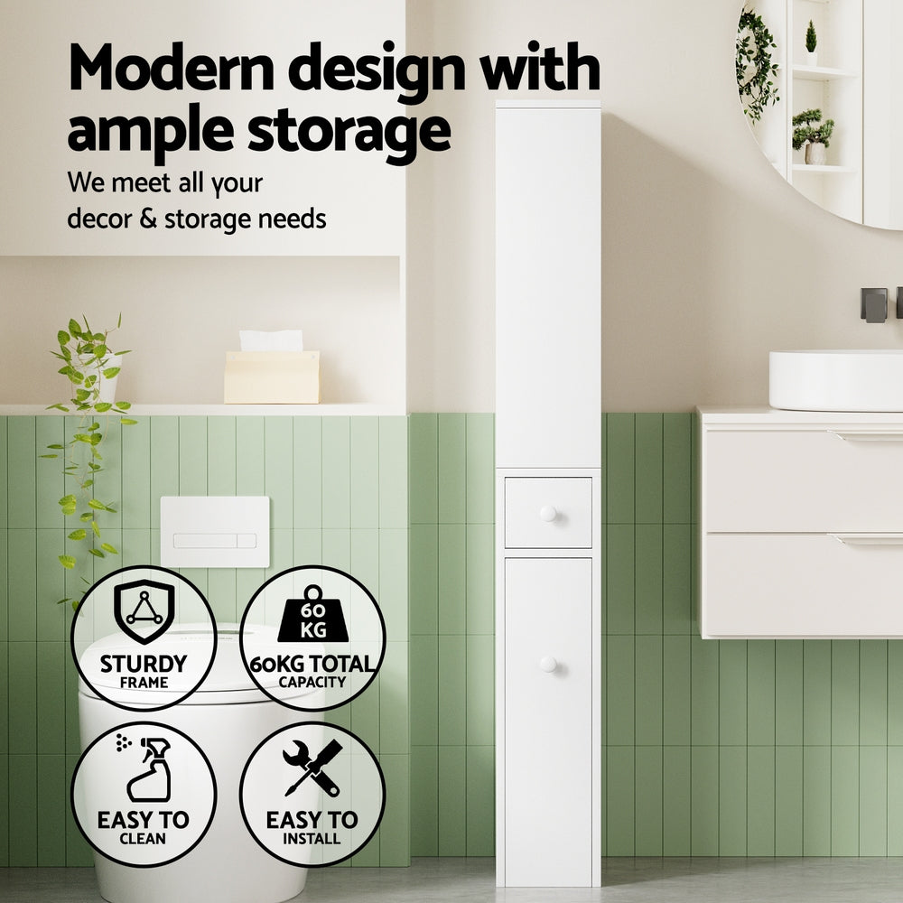 Artiss Bathroom Cabinet Storage Slim Organiser Drawer Toilet Corner 135cm White-Furniture > Bathroom > Bathroom Cabinets, Cupboards & Storage-PEROZ Accessories