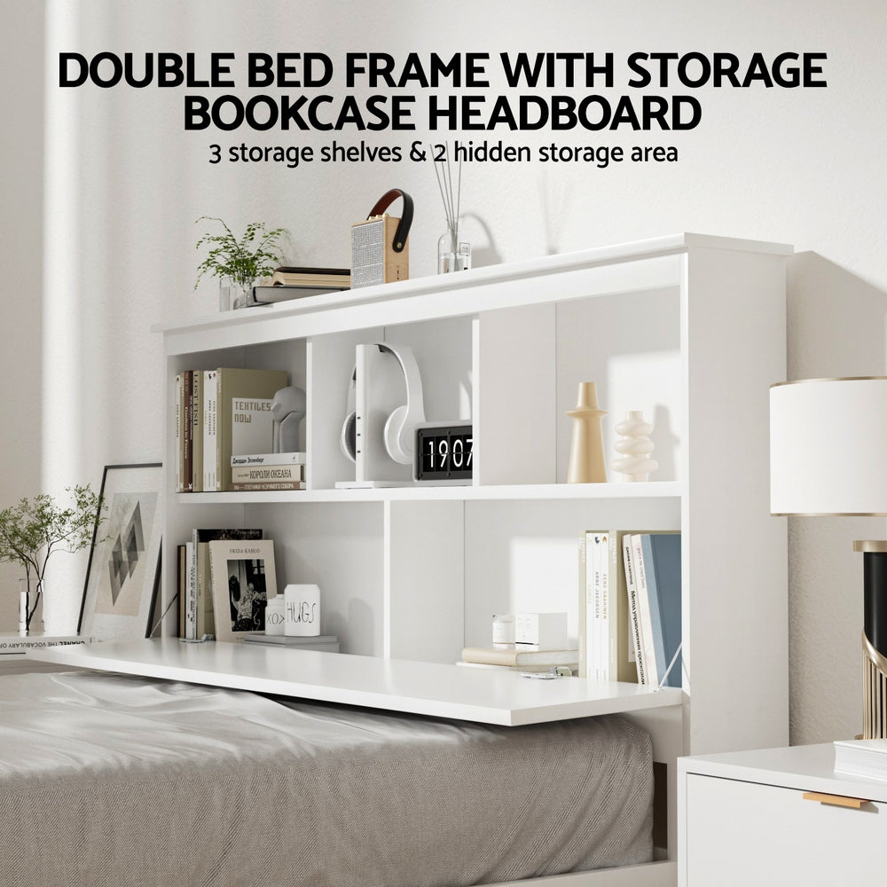 Artiss Bed Frame Double Size Wooden with 3 Shelves Bed Head White-Furniture > Bedroom > Beds & Bed Frames-PEROZ Accessories