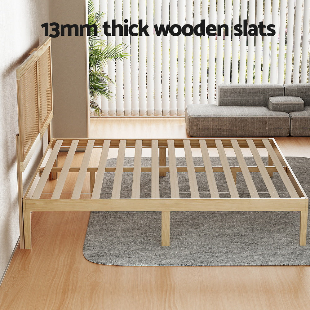 Artiss Bed Frame Double Size with Rattan Headboard Wooden Bed Base BRUNO-Furniture > Bedroom > Beds & Bed Frames-PEROZ Accessories