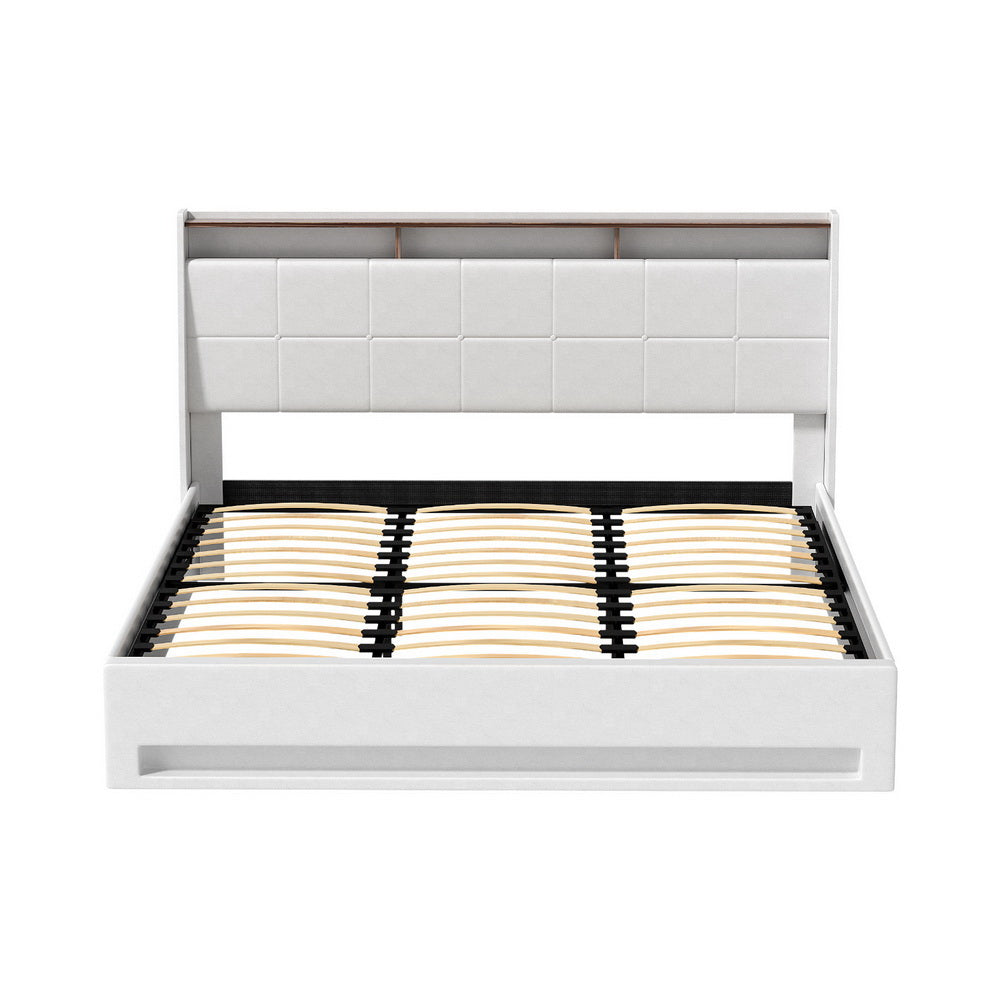 Artiss Bed Frame Gas Lift LED Beds Base Platform White PVC Leather Storage Headboard - King-Furniture > Bedroom > Beds & Bed Frames-PEROZ Accessories