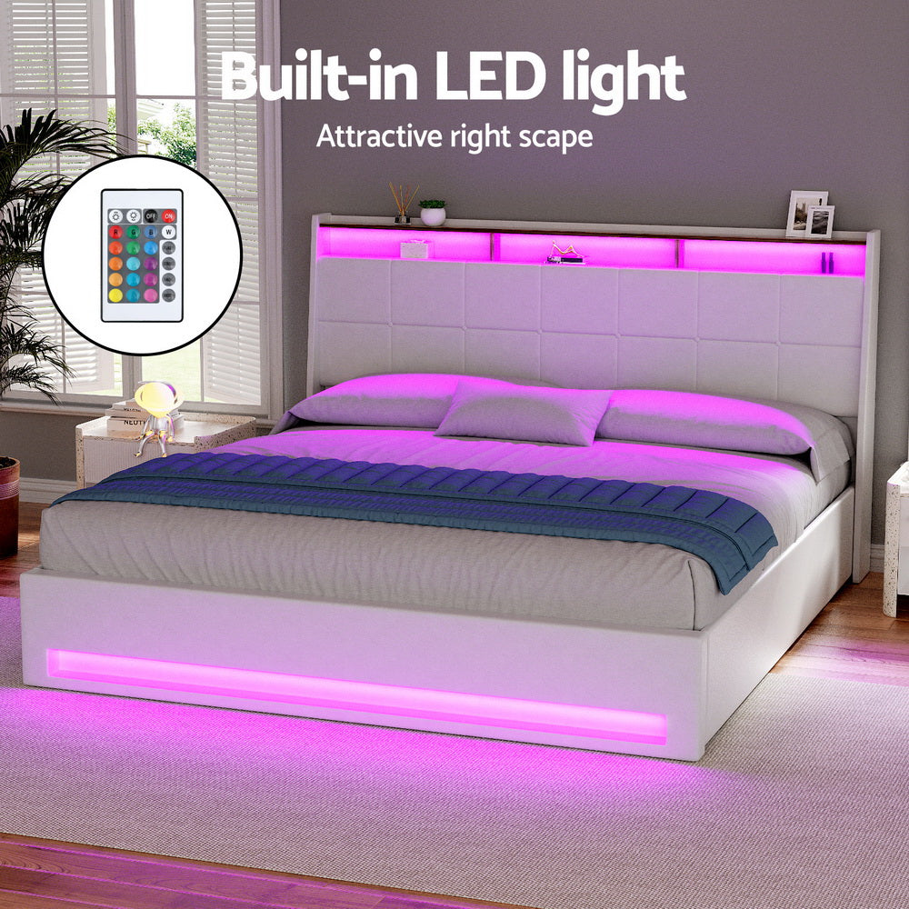 Artiss Bed Frame Gas Lift LED Beds Base Platform White PVC Leather Storage Headboard - King-Furniture > Bedroom > Beds & Bed Frames-PEROZ Accessories