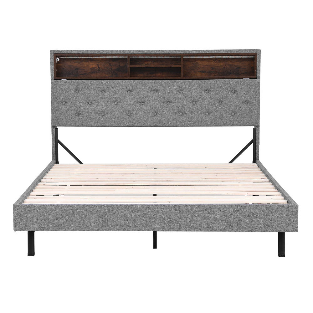 Artiss Bed Frame Queen Size LED Mattress Base Platform with Storage Shelf Hidden Storage Box Grey-Furniture > Bedroom > Beds & Bed Frames-PEROZ Accessories