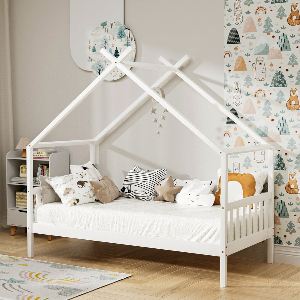 Artiss Bed Frame Wooden Base Kids Single Timber House Beds White-Furniture > Bedroom > Beds & Bed Frames-PEROZ Accessories